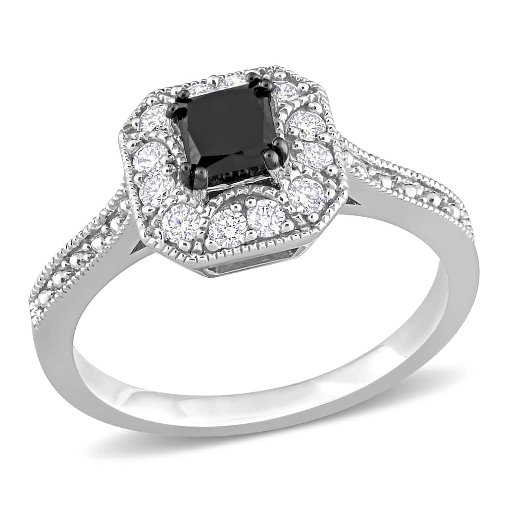 Miadora 3/5ct TDW Black White Halo Princess Cut Diamond Engagement Ring in 10k White Gold