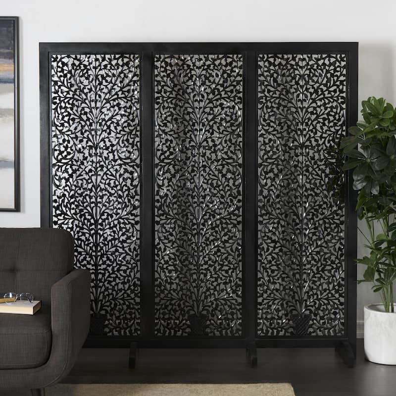 Wooden Floral Partition or Freestanding Carved Partition Room Divider Screen with 4 Feet - Black or White- Roche River Décor