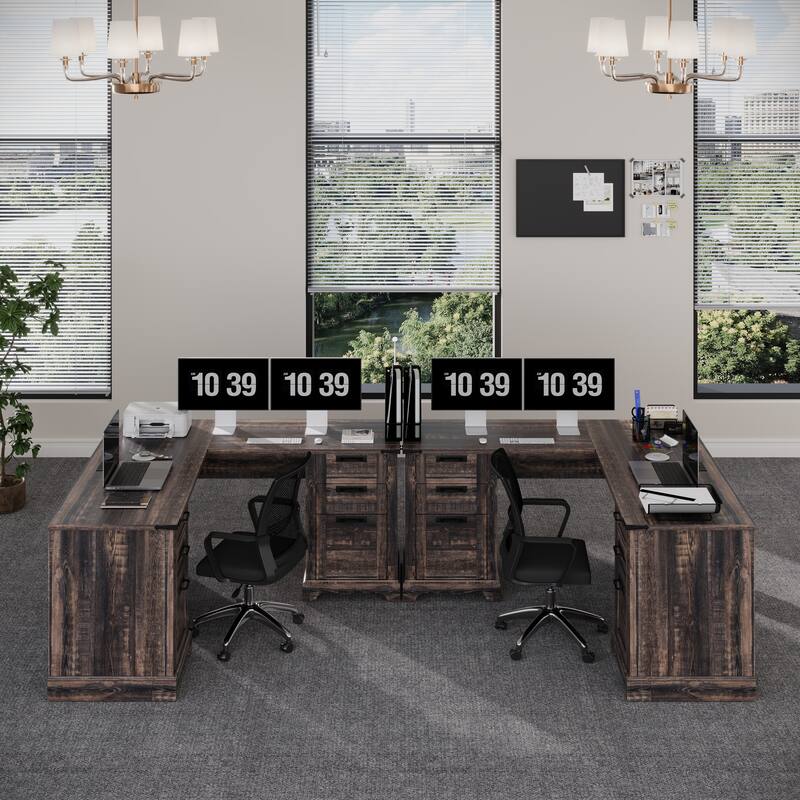 L Shaped Desk Set of 2, Wood Office Desk with Charging Station - Black