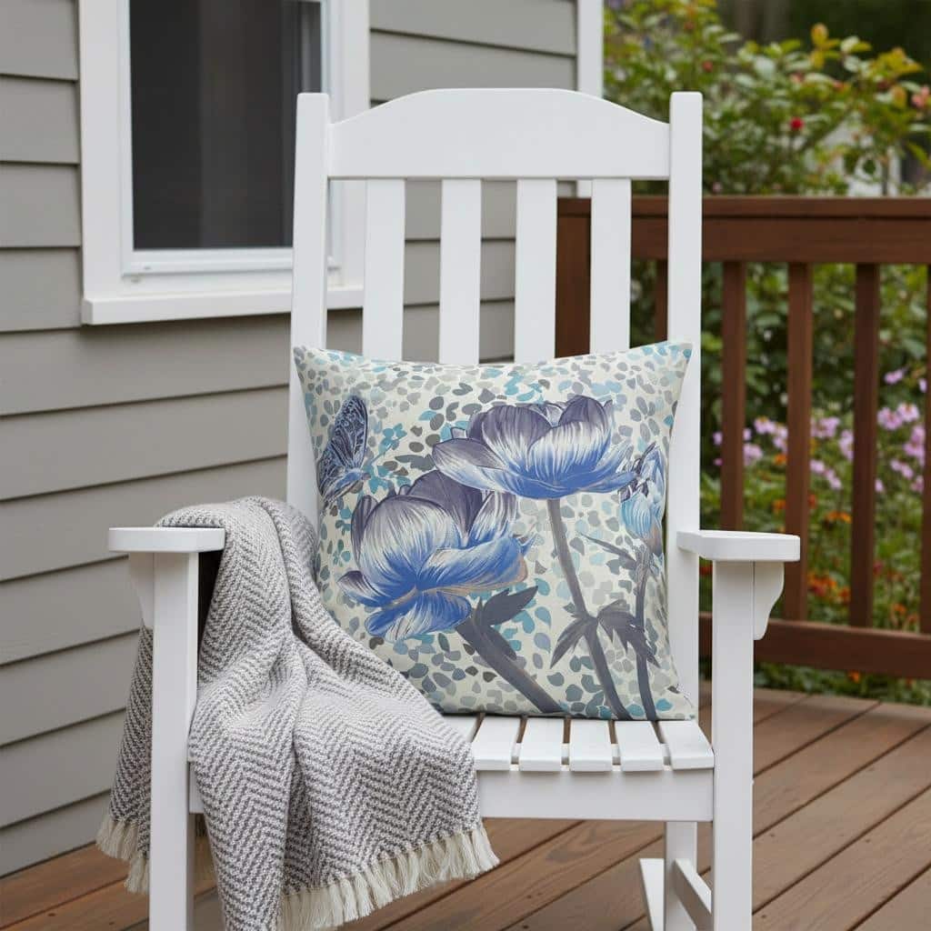 HomeRoots 16" x 16" Indigo Butterfly Blown Seam Floral Indoor Outdoor Throw Pillow - 16.00' X '5.00' X '16.00