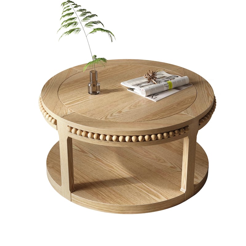 Roomfitters 31.5" Round Solid Wood Coffee Table, 2 Tier Thickened Center Table for Living Room