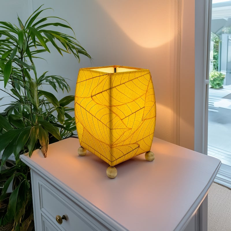 Handmade Mini Square Cocoa Leaf Table Lamp, Cocoa Leaves Shade, 6 x 6 x 9 in. - Yellow