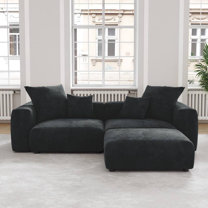 Black Corduroy Sectional Sofa Customized Sofa Couch with pillows. - 2-Seater with ottoman