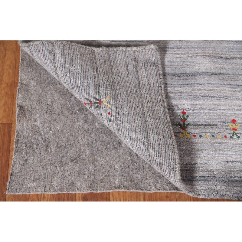 Striped Gabbeh Indian Area Rug Hand-Knotted Grey Wool Carpet - 9'0"x 11'8"
