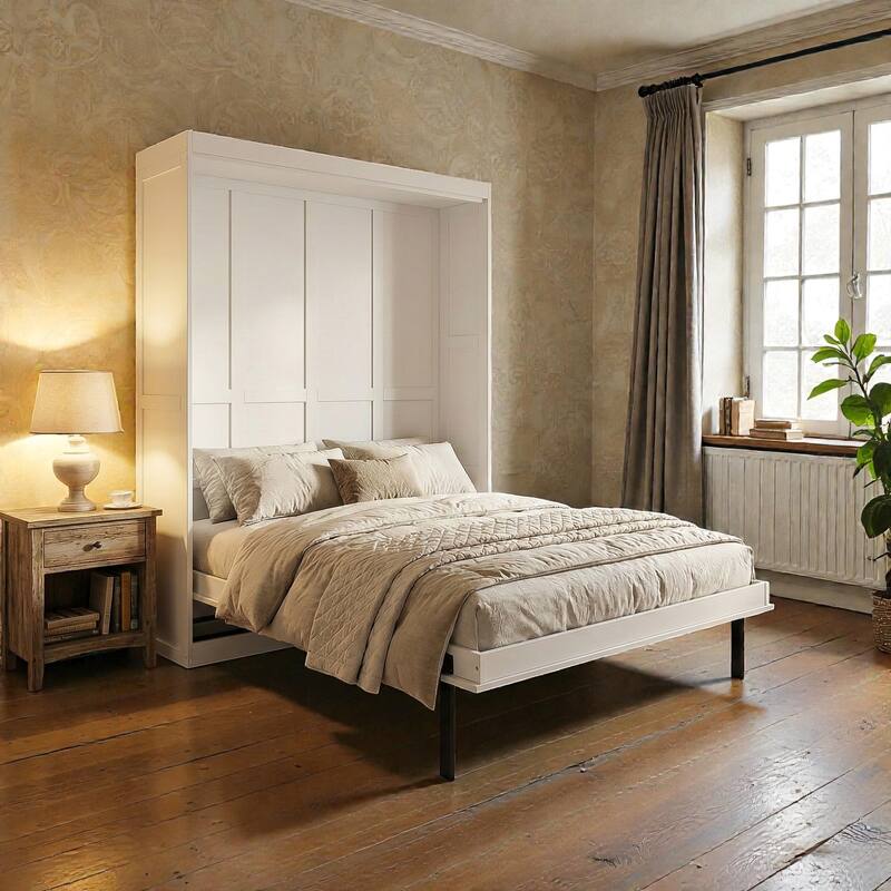 Rotating Queen Murphy Bed with Storage Shelves, 360 Degree Space Saving Wall Bed for Home Office