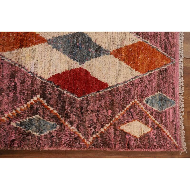 Hand Knotted Oriental 100% Wool Carpet Modern Tribal Pink Moroccan Runner Rug - 9' 10'' X 3' 1''