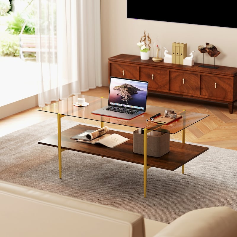 Gymax 2-Tier Glass Coffee Table w/ Tampered Glass Tabletop & Open