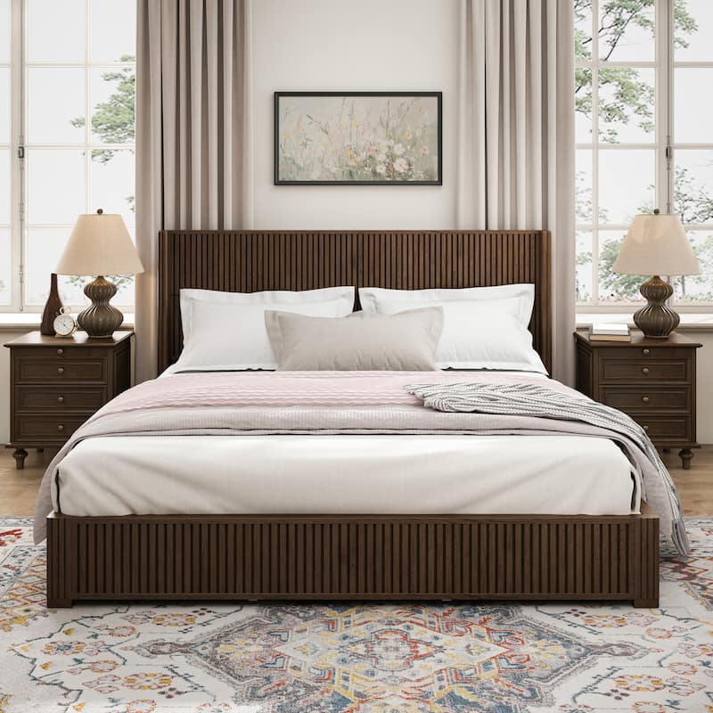 GDFStudio - Modern Solid Wood Low-Profile Platform Bed Frame with Fluted Headboard, Heavy-Duty Support & No Box Spring Needed - Walnut - King