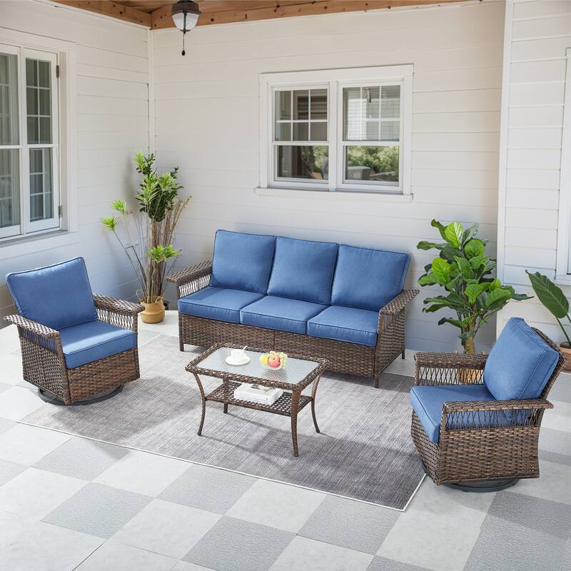 Gymojoy Outdoor Patio Sofa with Rokicng Chair Table - Brown - Blue