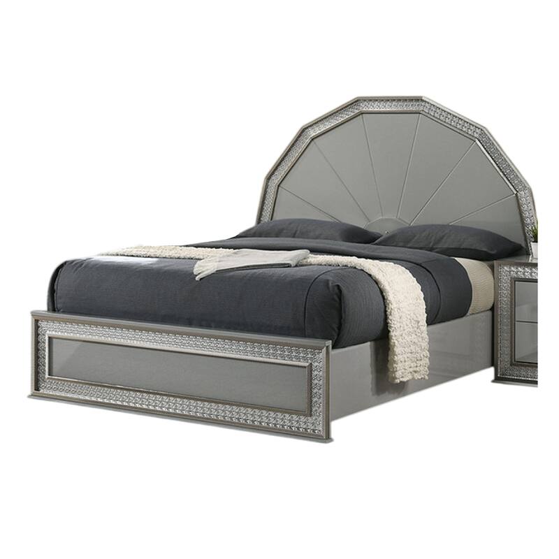 Cyl Queen Bed, Metallic Gray, Scale Molded Trim, Rubberwood, LED Lit