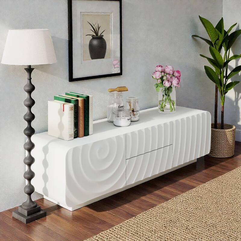 58 Inch Modern TV Stand with Spiral Wave Design, Storage Cabinet and Drawers, Media Console for Living Room