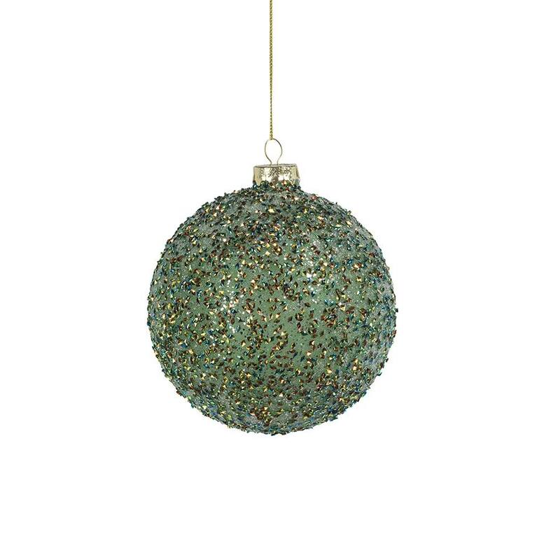 4.75" Beaded Tinsel Green Glass Ball Ornaments, Set of 4