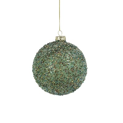 4.75" Beaded Tinsel Green Glass Ball Ornaments, Set of 4