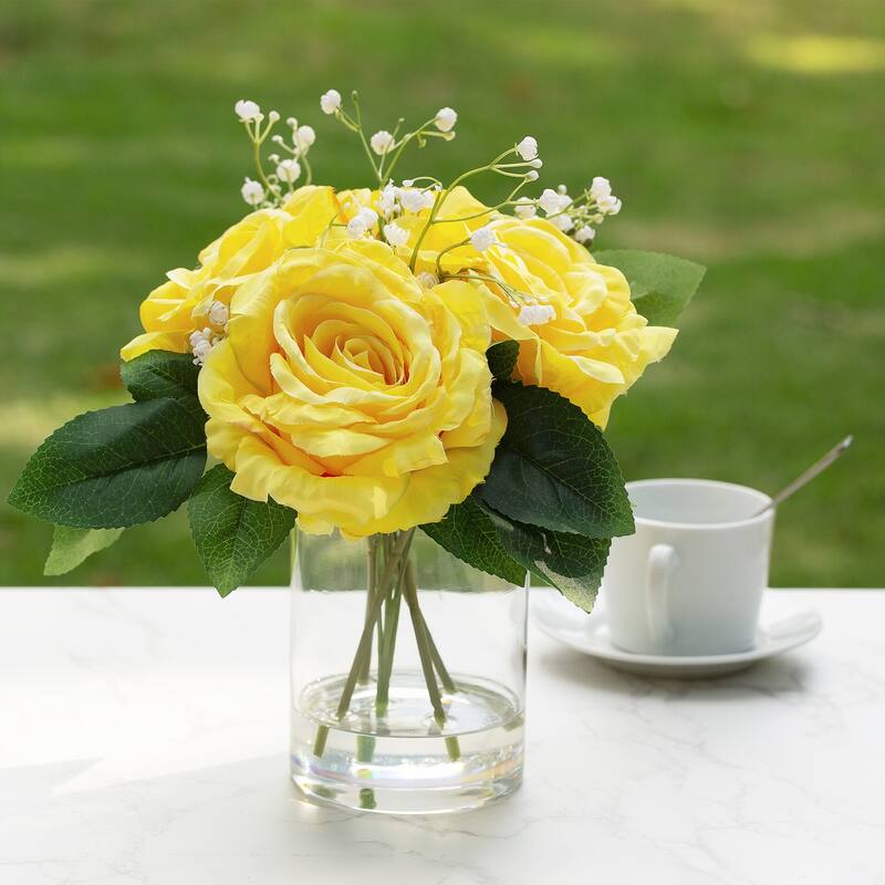 Enova Home 4 Large Silk Rose Flowers in Clear Glass Vase with Faux Water for Home Office Decoration