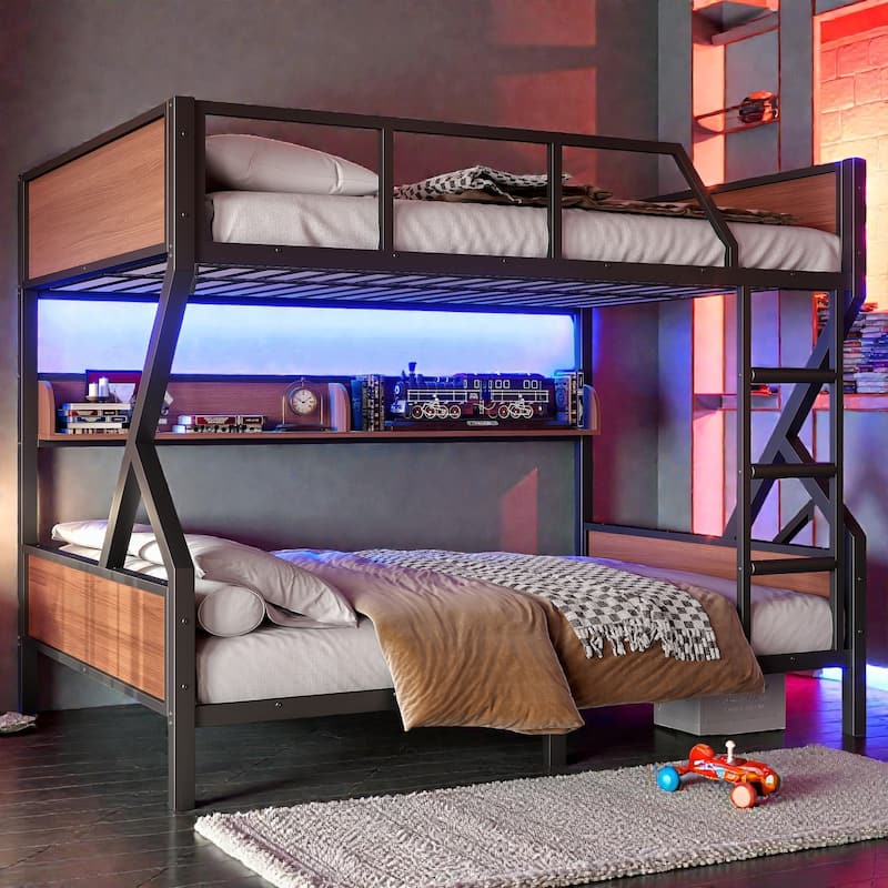 Metal Bunk Bed with Storage Shelves and LED Lights, Space Saving Noise Free Bunk Bed Frame with Guardrails