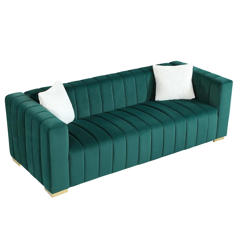 Velvet Channel Tufted 3-seater Sofa with Pillows