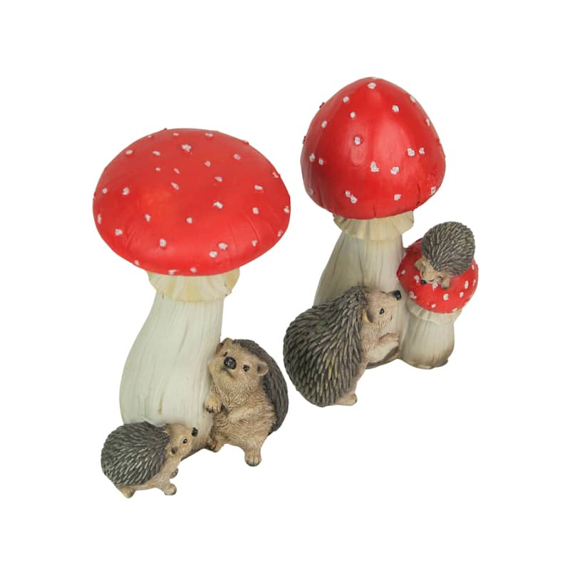 Hedgehogs And Mushrooms Statue Set Hand-Painted, Nature-Inspired - 7.25 X 4 X 4 inches