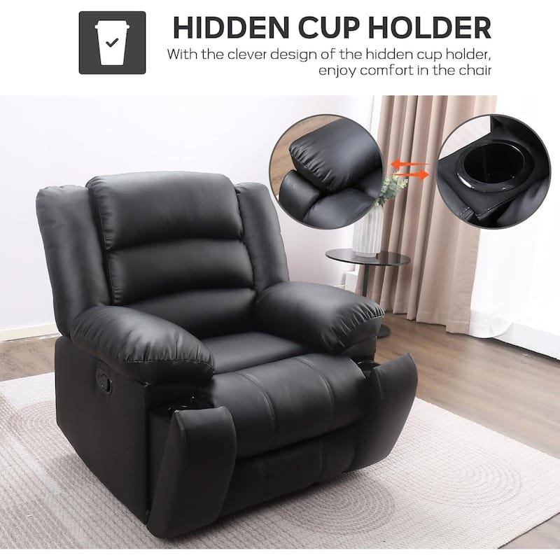 Faux Leather Manual Reclining Sofa with 2 Concealed Cup Holders, Overstuffed Armrest 3 Seat Recliner Couch for Living Room