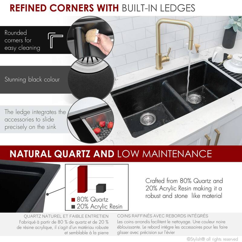 STYLISH Dual Mount 33" Double-Bowl Composite Granite Kitchen Sink - 33" x 18" x 9.5"