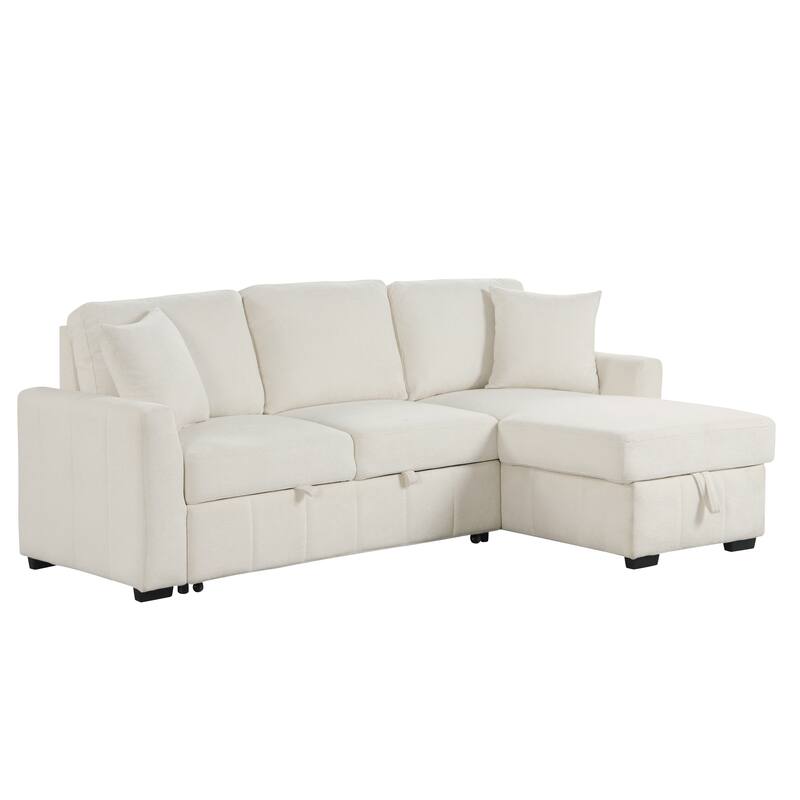 L-Shaped Sectional Sofa with Reversible Storage Chaise, Sleeper Sofa with Drop-Down Center Back Cushion and Cup Holders