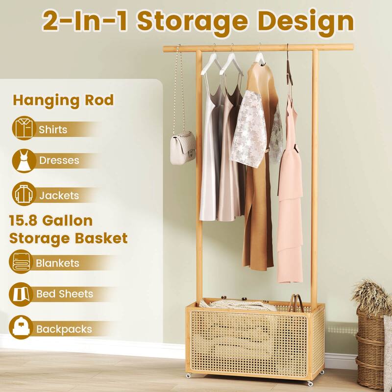Costway Bamboo Clothes Rack with Rattan Storage Basket & Wheels, - See Details