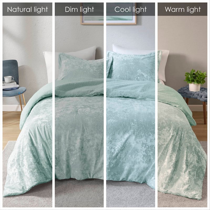 2 PCS Twin/Twin XL Crushed Velvet Sherpa Reversible Comforter Set Aqua