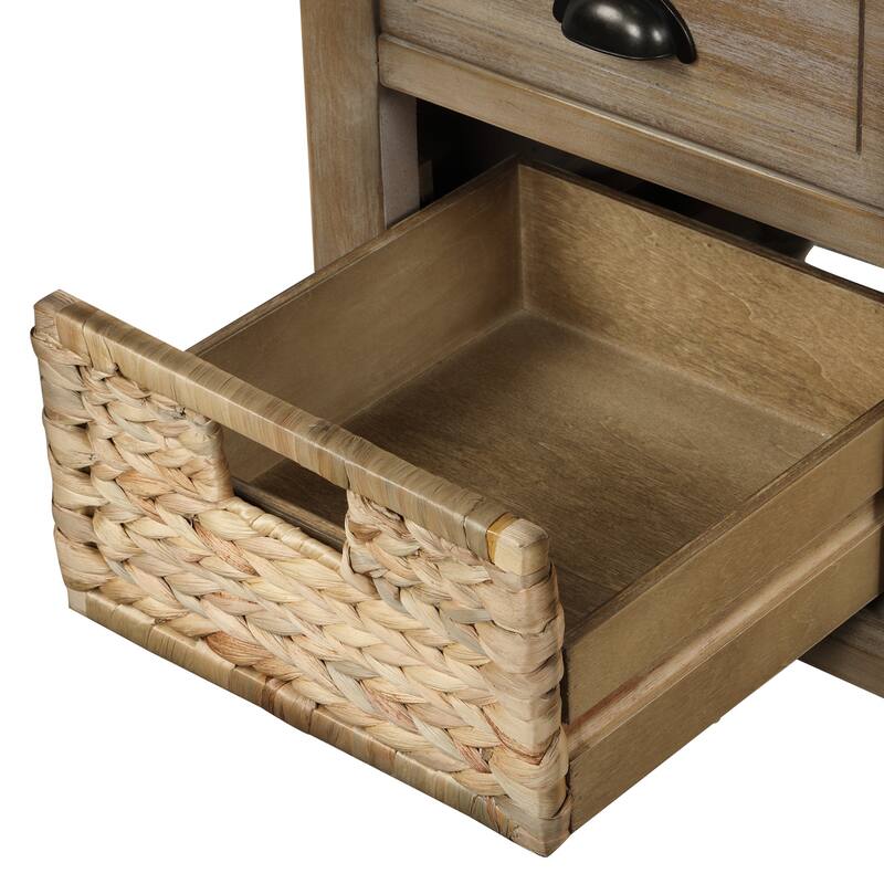 Rustic Storage Bench with 3 Drawers and 3 Rattan Baskets