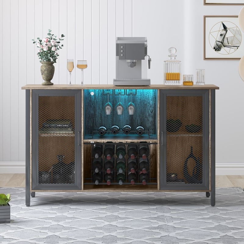 Mixoy LED Wine Bar Cabinet,Home Bar Industrial Sideboard Storage Buffet Cabinet,Farmhouse Coffee Bar Cabinet for Liquor,Glasses