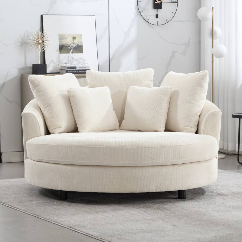 Modern Sofa Chair Round Accent Barrel Chair With 5 Pillows and Storage Ottoman