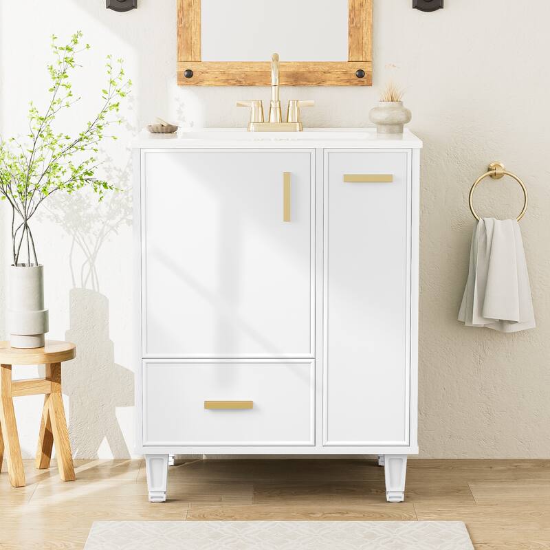 24" Bathroom Vanity with Ceramic Sink, Door Shelf and Drawer, 2-Tier Pull-Out Basket, Solid Wood Frame Bathroom Cabinet - White