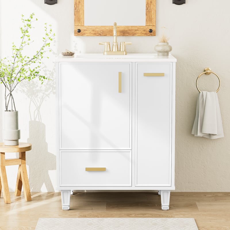 Roomfitters Bathroom Vanity with Sink, Cabinet with Door Shelf, Deep Drawer and Two-Tier Pull-Out Basket, Solid Wood Frame - White
