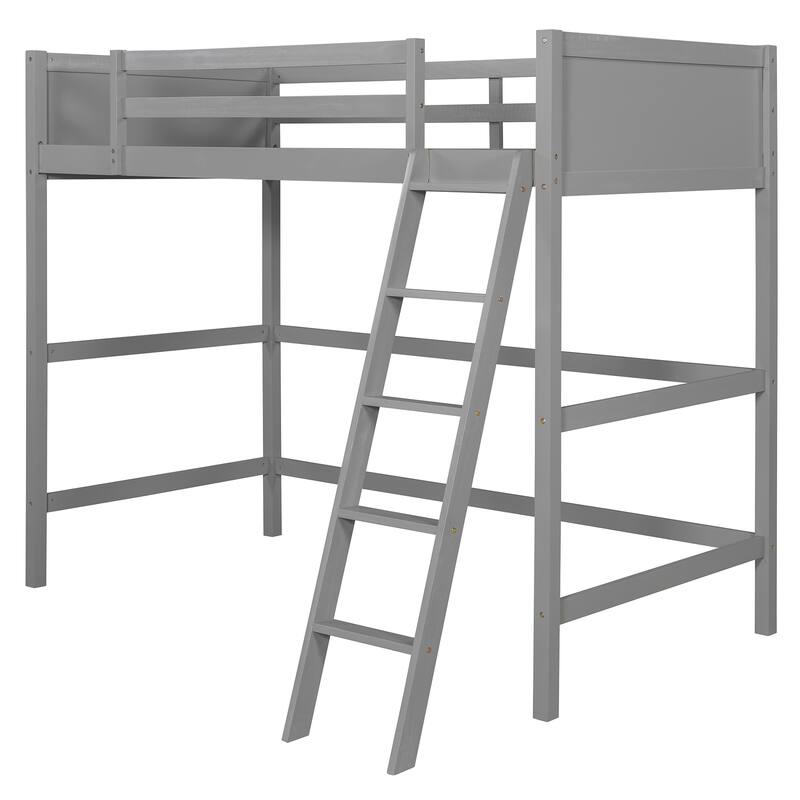 Roomfitters Solid Wood Twin Loft Bed with Ladder Guard Rails Pine Frame, Grey