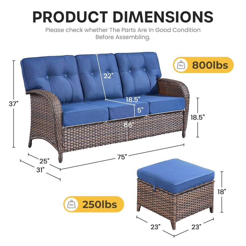Gymojoy 3-Piece Outdoor Wicker Patio Furniture Set, 5" Thick Cushioned Rattan Sofa with Ottomans