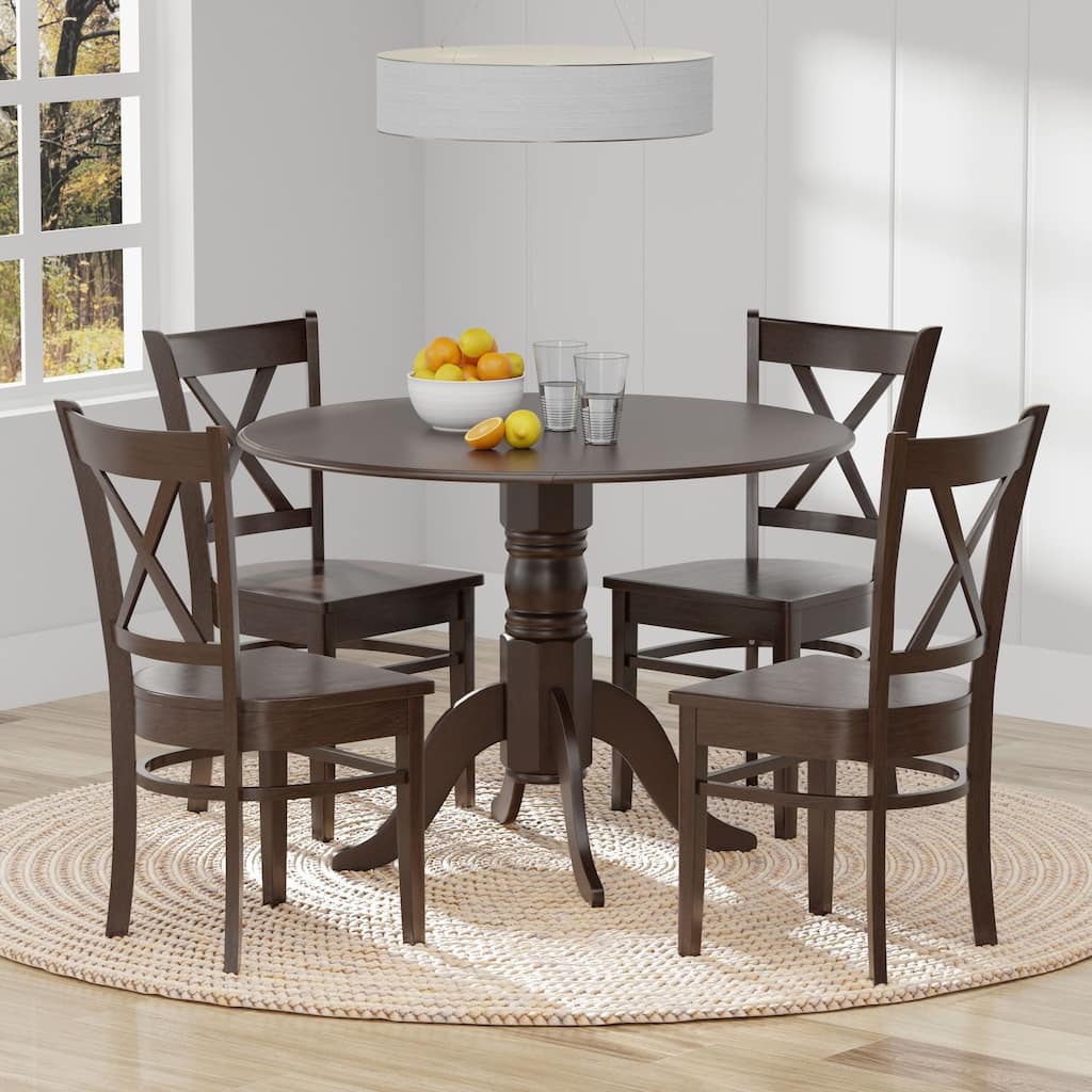 5-Piece Dining Set, 42" Round Drop-Leaf Table and Cross Back Chairs