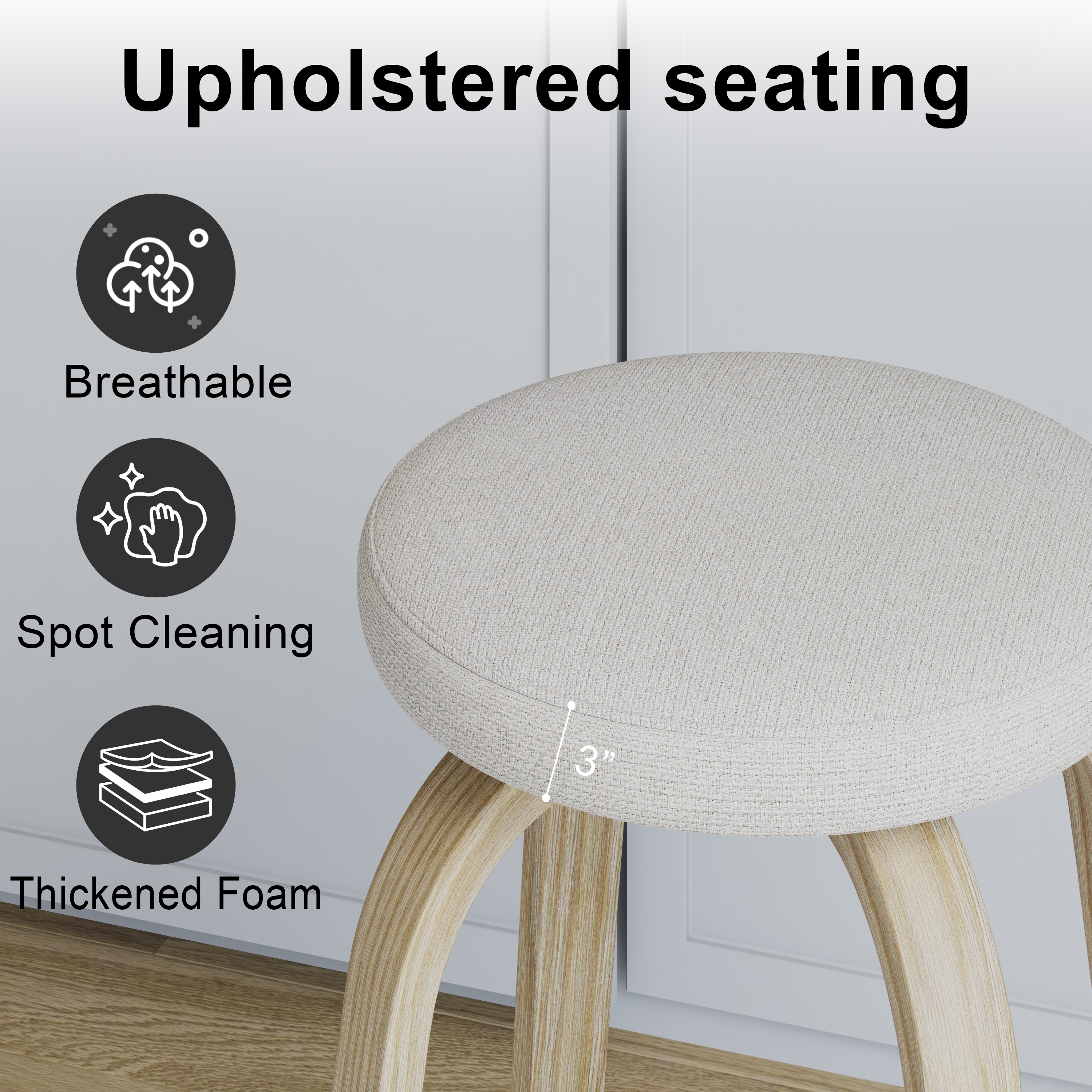 Swivel Bar Stools Set of 2, Counter Height Backless 26″Bar Stool, Fabric Upholstered Seat, Sturdy Wood Legs and Metal Footrest