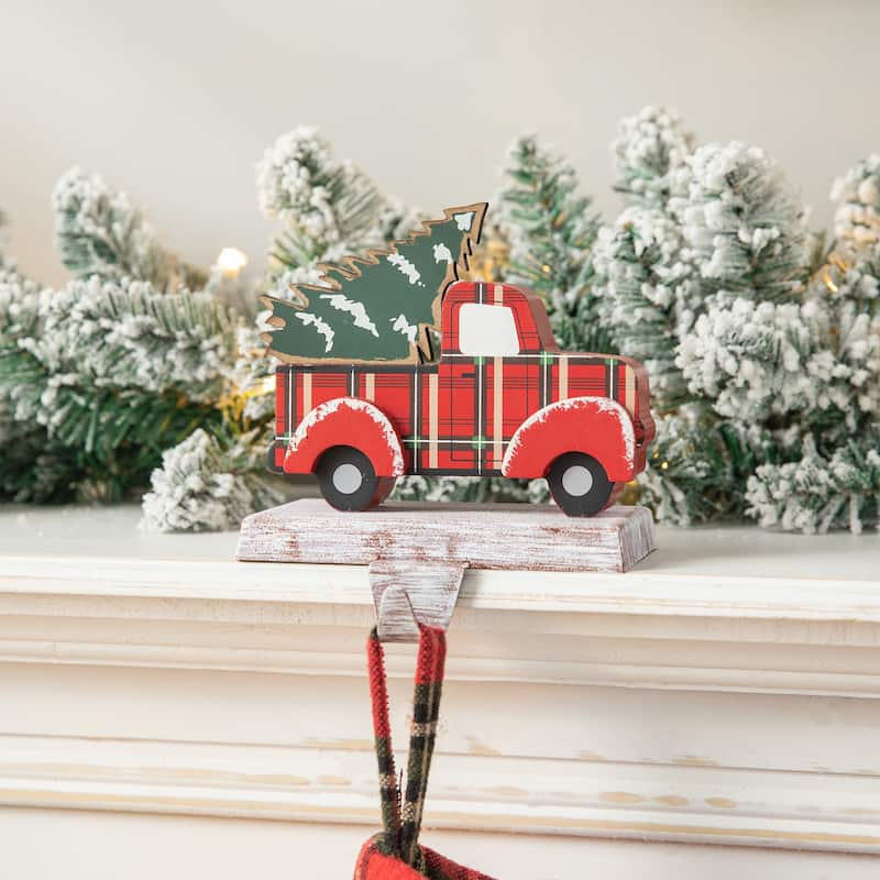Glitzhome Christmas Dachshund Reindeer Red Car Stocking Holders Rustic Mantel Ornament
