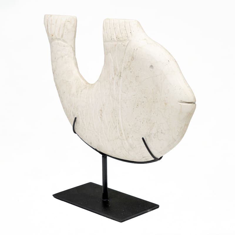 Artissance 12"W Off-White Stone Fish with Stand Statue, Art Figurine Sculpture, Home Decor Collectible