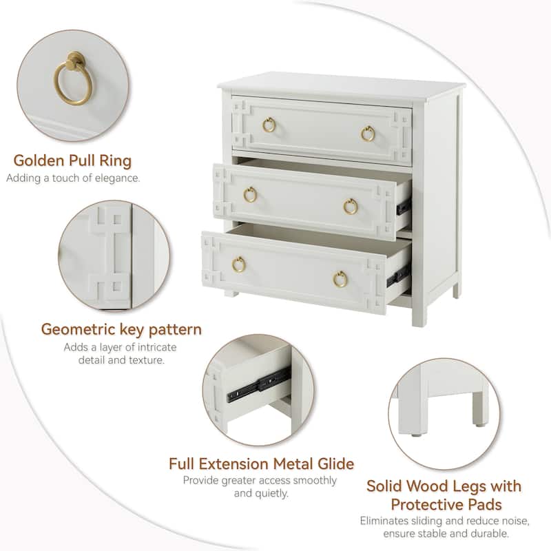 COZAYH Farmhouse 3-Drawer Dresser, Rustic Chest of Drawers with Embossed Geometric Lines, French Country, Fully-Assembled