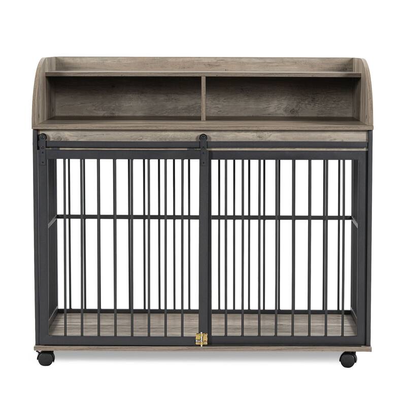 44" Heavy Duty Dog Crate Furniture with Lockable Wheels, Storage & Sliding Door for Medium to Large Dogs
