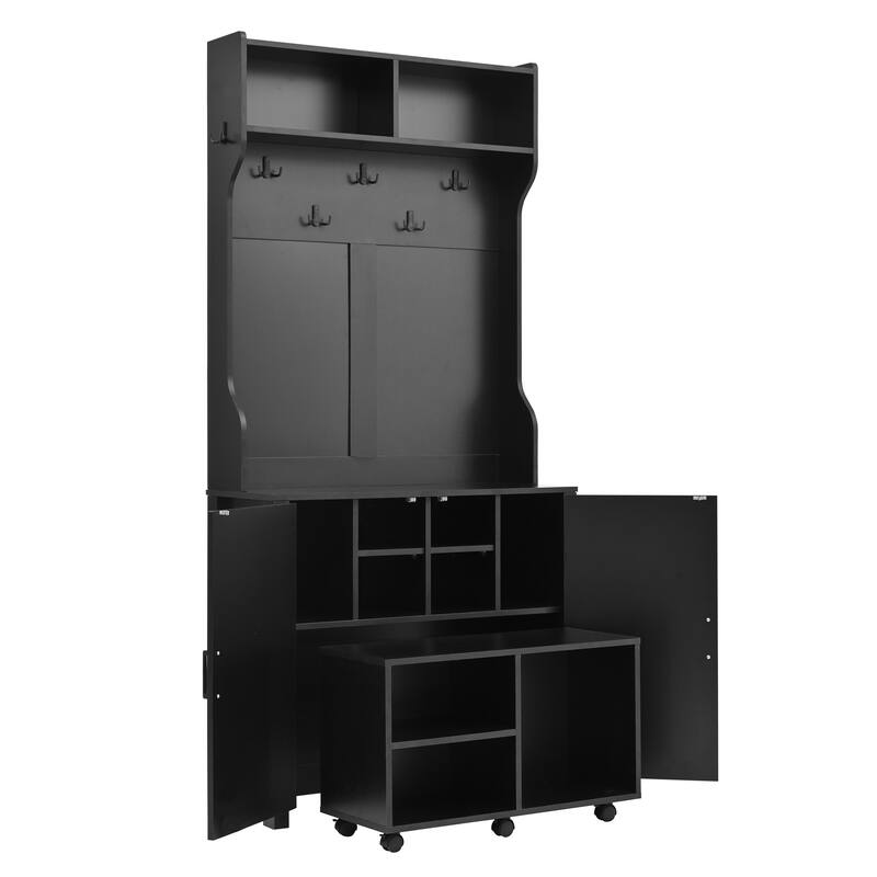 Entryway Storage Bench Hall Tree with Removable Bench & Rolling Seat, Coat Rack with Barn Door Cabinet & Shoe Cubbies