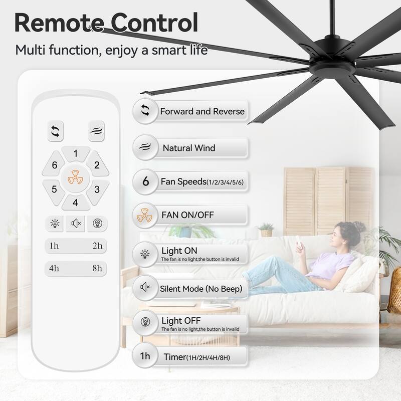 Large 72"/84"/96"/120" Black Ceiling Fan with Remote without Light-6/8 Aluminum Blades
