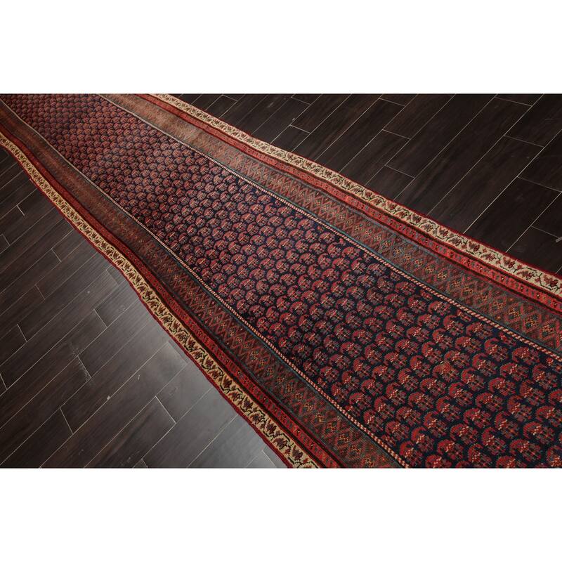 Antique Kerman Traditional Boteh 3'x17'7'' Hand Knotted Wool Navy low pile all over Rug - 3' x 17' 7''