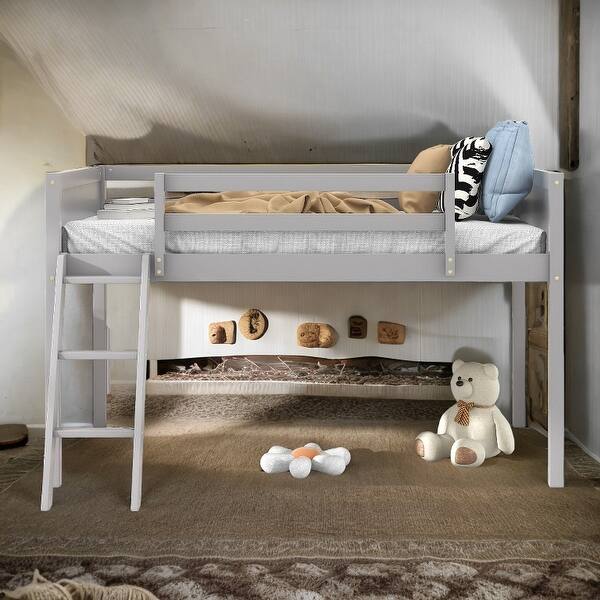 slide 2 of 14, Artsy Twin Size Wood Low Loft Bed with Convertible Ladder, ladder can be placed on the left or right, Safety Guaranteed, Gray Grey