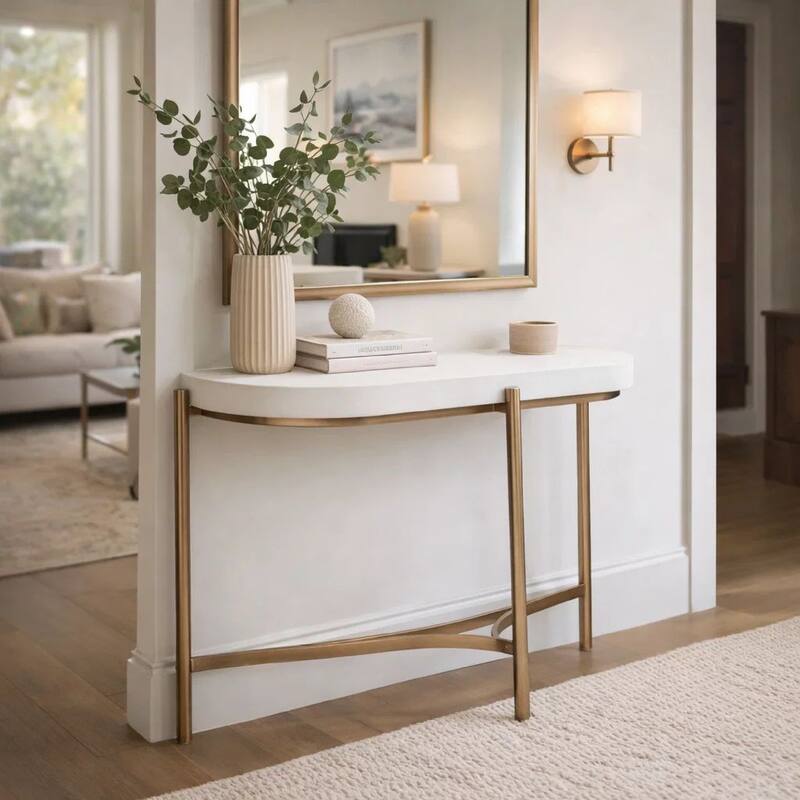 Leyu 51 Inch Curved Console Sofa Table, White Concrete Top, Bronze Base