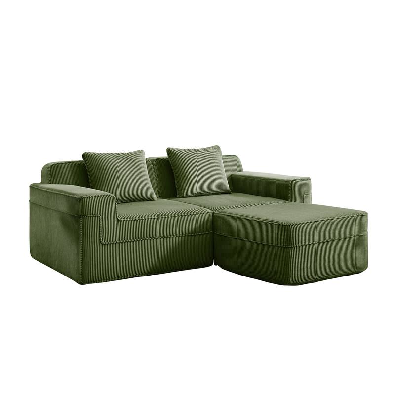 GDFStudio - Corduroy Modular 2-Seater 81.1" L-Shaped Cloud Sectional Loveseat Sofa with Ottoman