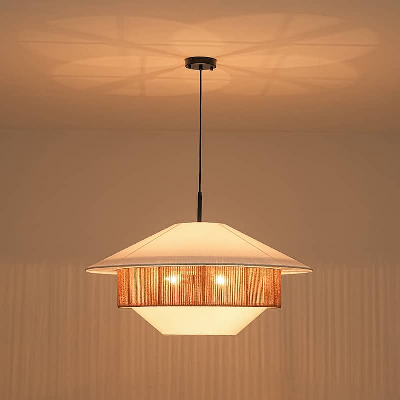 Coastal-style 4-Light Hemp-rope Geometric Linen Fabric Pendant - 33.5 in