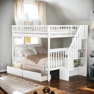 Full over Full Bunk Bed with Two Drawers and Storage, White