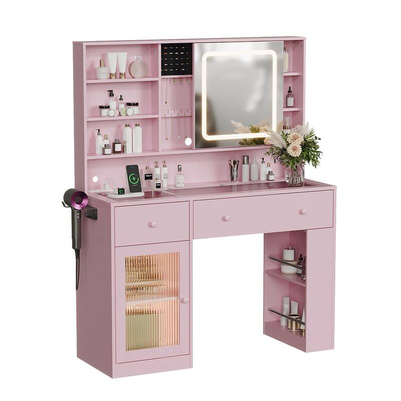 Particle Board Veneered , 2 Drawers, 1 Glass Door, Left and Right 2-tier Shelves, Glass Tabletop, Dressing Table - N/A - Pink