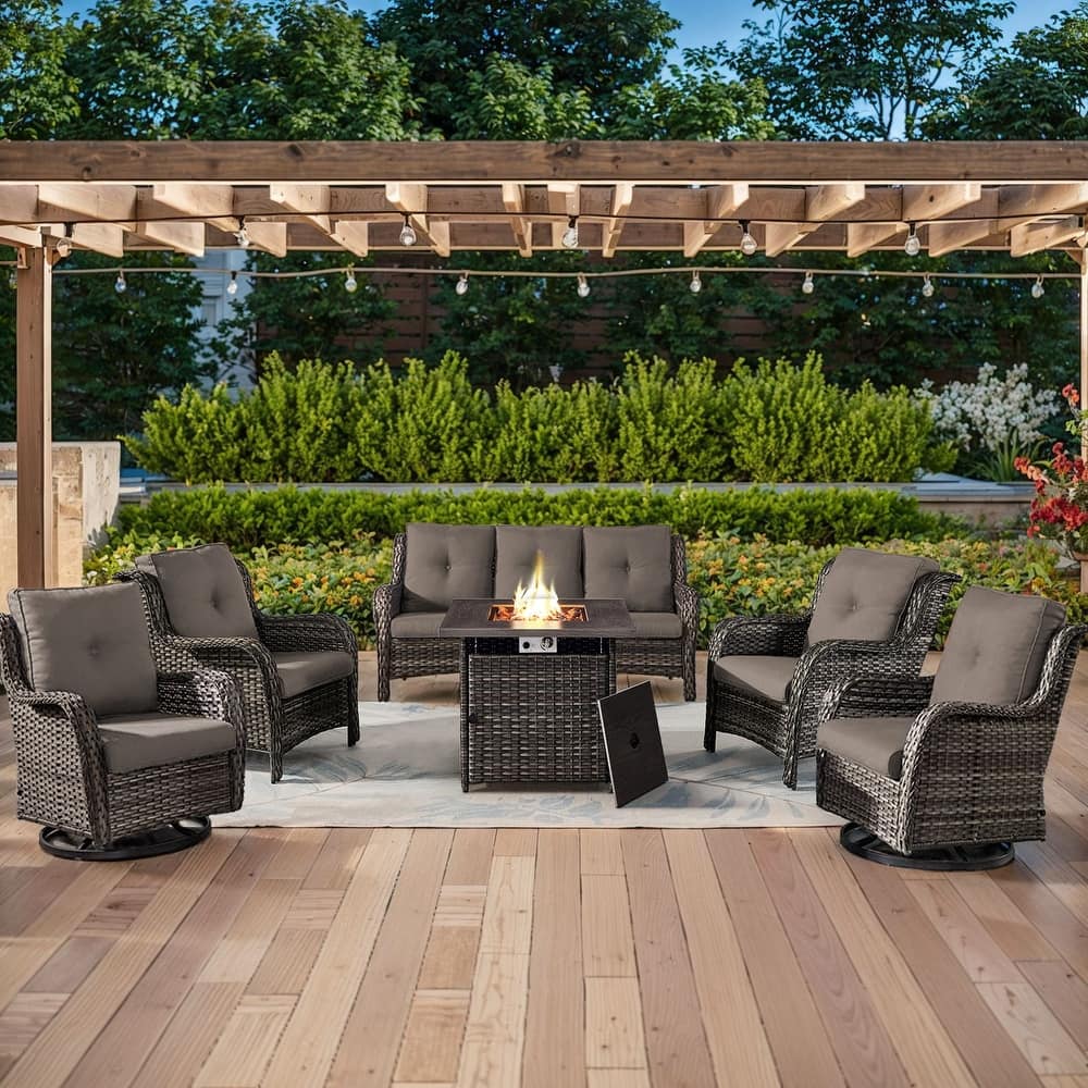 Gymojoy 6-Piece Outdoor Wicker Patio Furniture with Fire Pit Table, Rattan Coversation Set with Water Resistant Thick Cushions