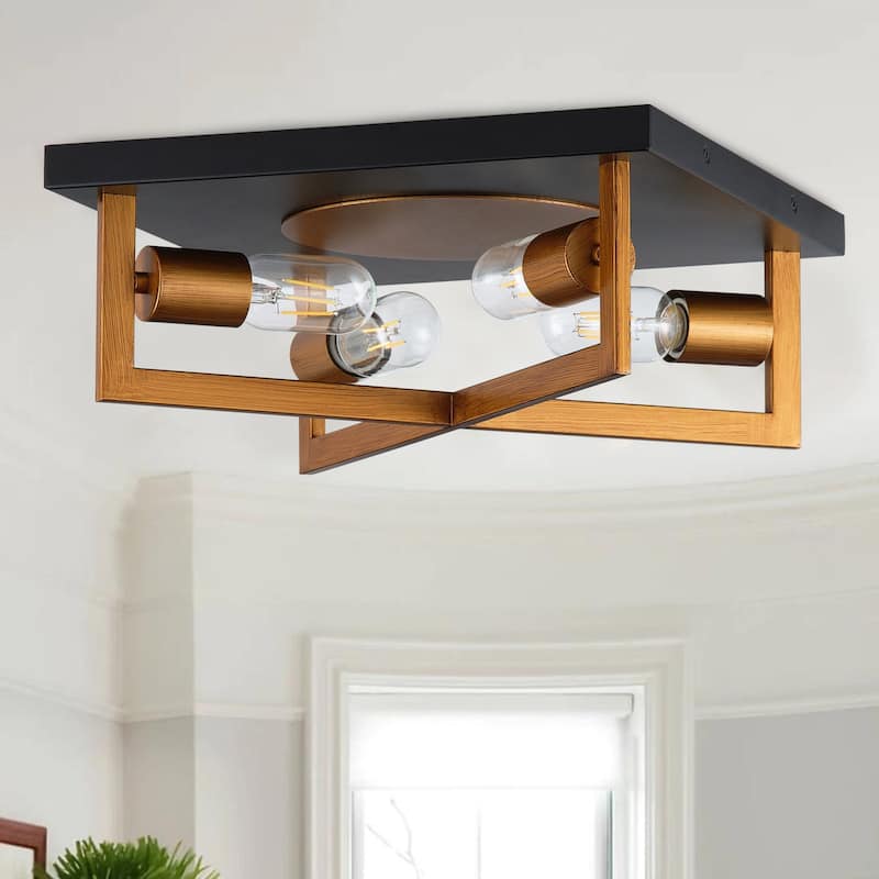 4-Lights Geometrical Openwork Design Flush Mount Lighting - 14.2"D×14.2"W×5.5"H - Gold - 14.2"D×14.2"W×5.5"H